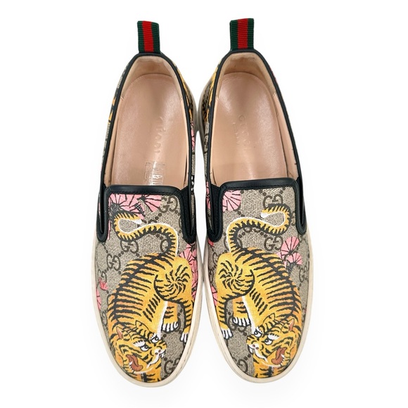 Gucci GG Supreme Monogram Print Bengal Tiger Gray Printed Slip-On Sneakers sz 38 - Picture 3 of 11